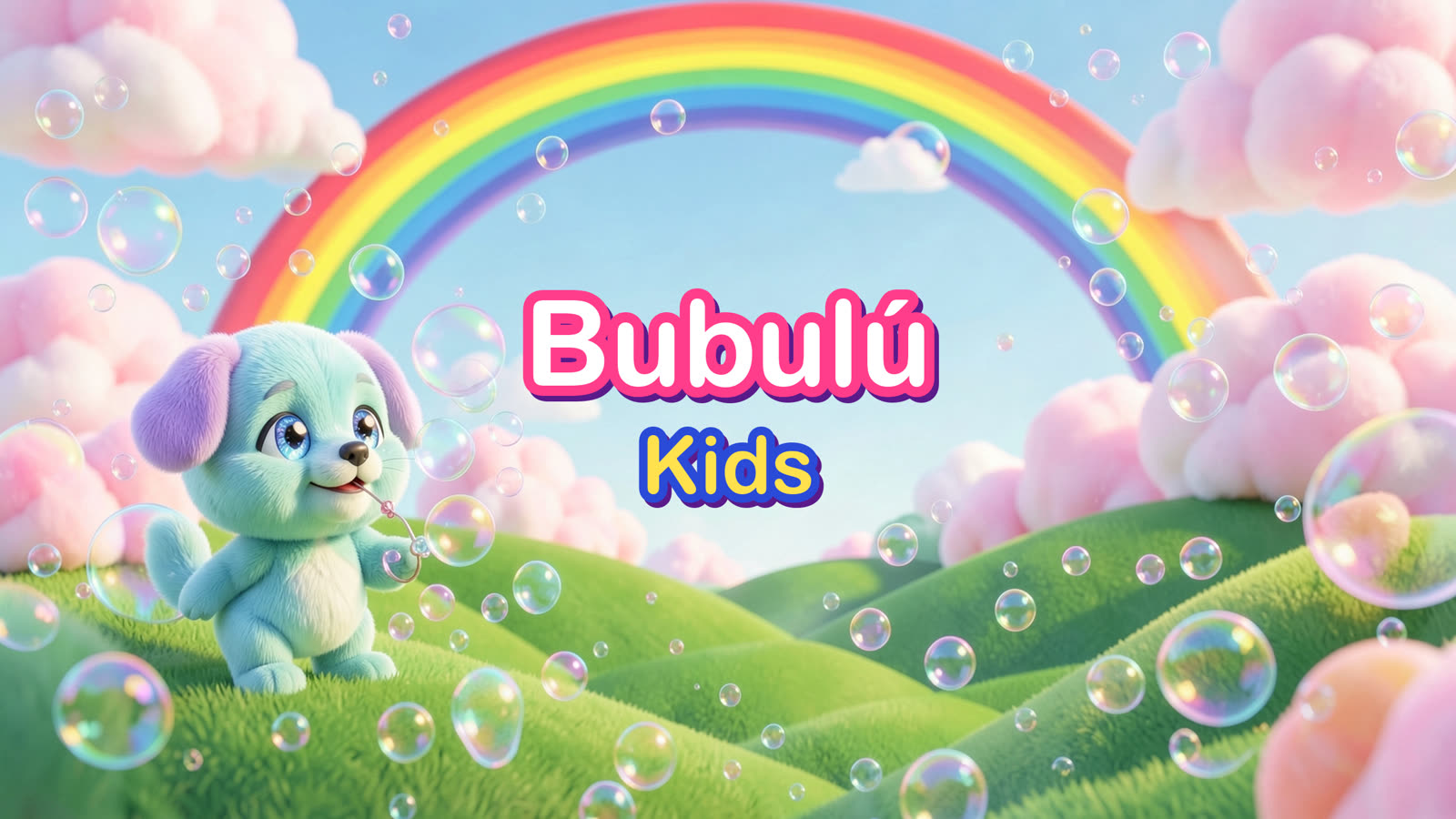 Banner de Bubulú Kids: arcoíris, burbujas y un cachorrito turquesa